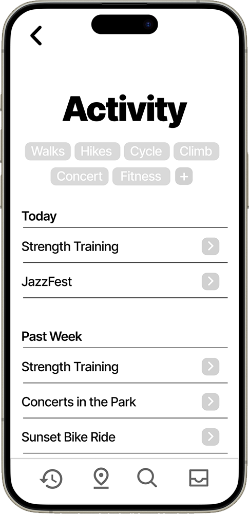 iPhone mockup showing activity history list with sorting options