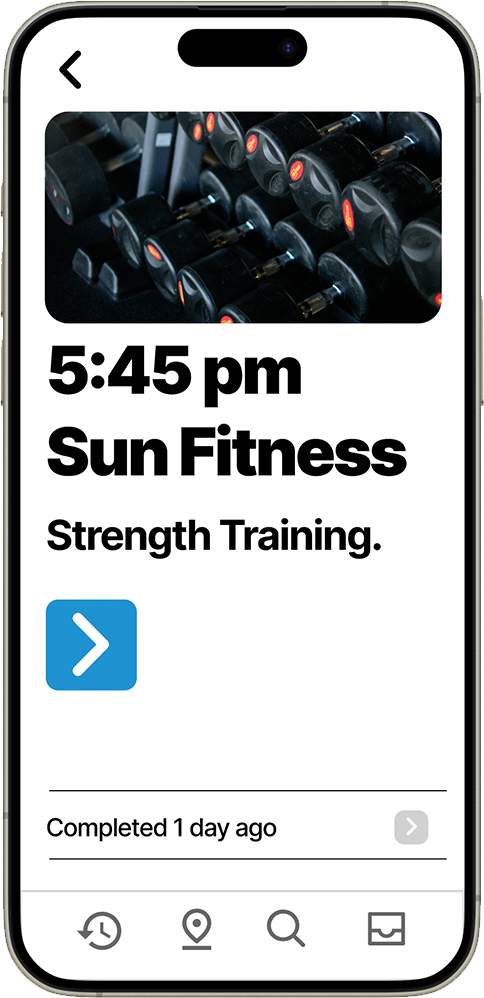 iPhone mockup showing detailed view of a selected past activity