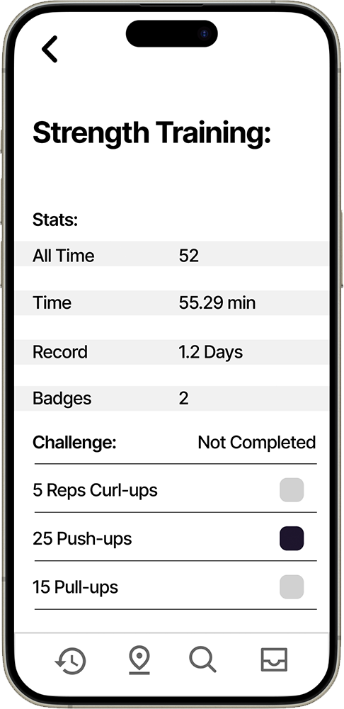 iPhone mockup showing activity statistics and progress tracking