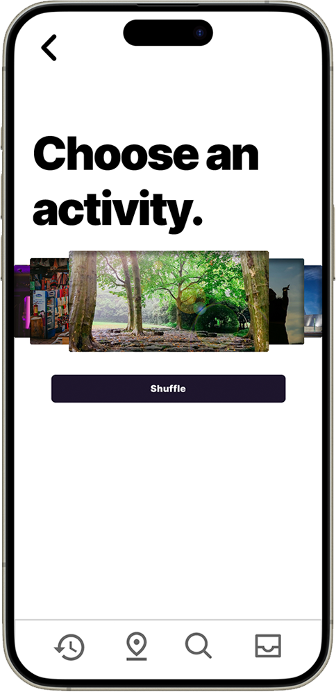iPhone mockup showing shuffle screen with activity cards and navigation controls