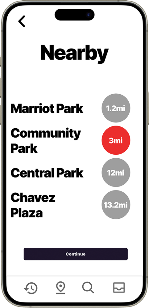 iPhone mockup showing location selection screen with venue list and distance indicators