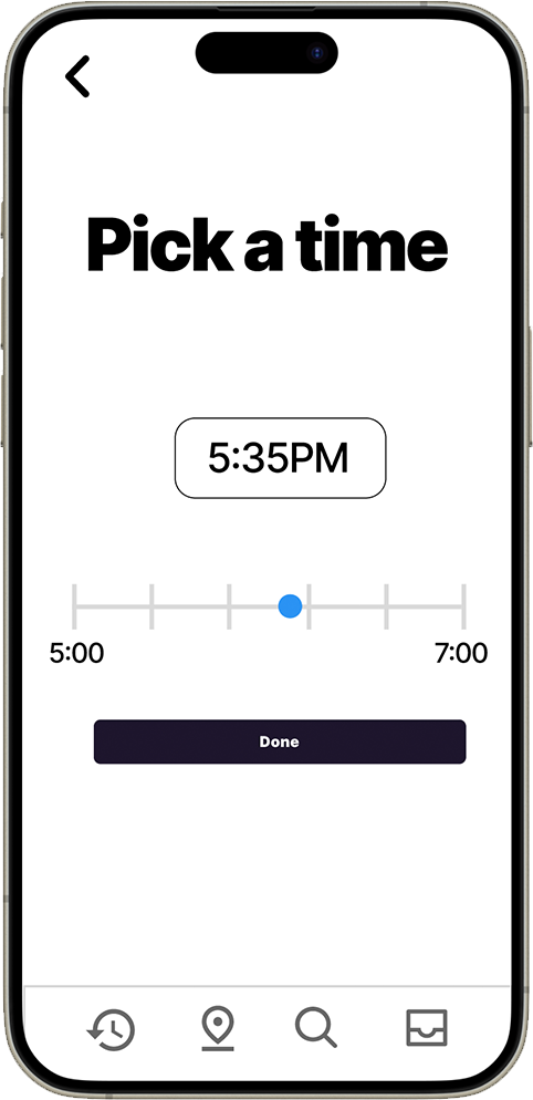 iPhone mockup showing time selection screen with clear time picker interface
